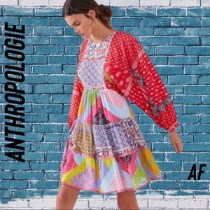 ANTHROPOLOGIE LET ME BE PATCHWORK TIERED MINI DRESS NEW SIZE LARGE